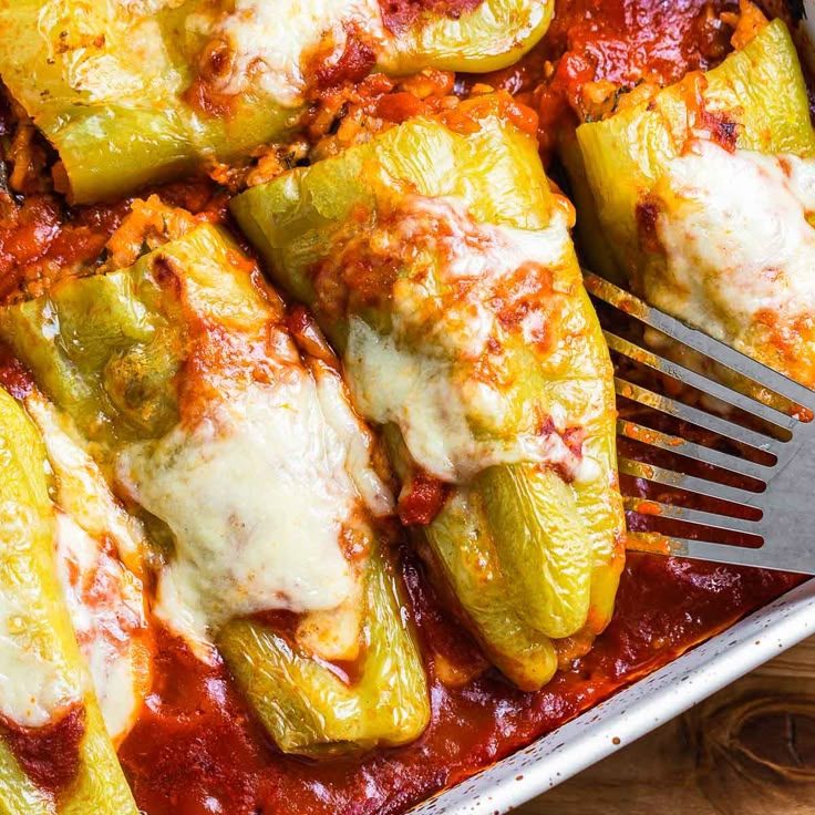 Cubanelles stuffed with a garlicky mixture of Arborio rice and sausage