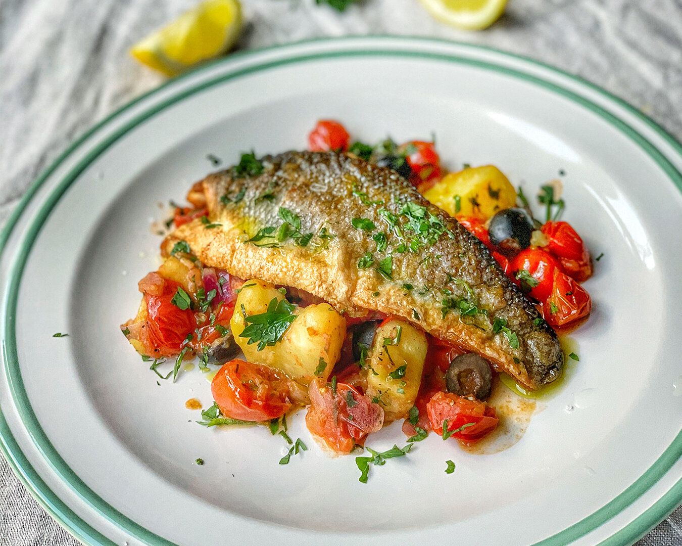 Pan Fried Sea Bass With Mediterranean Crushed Potatoes