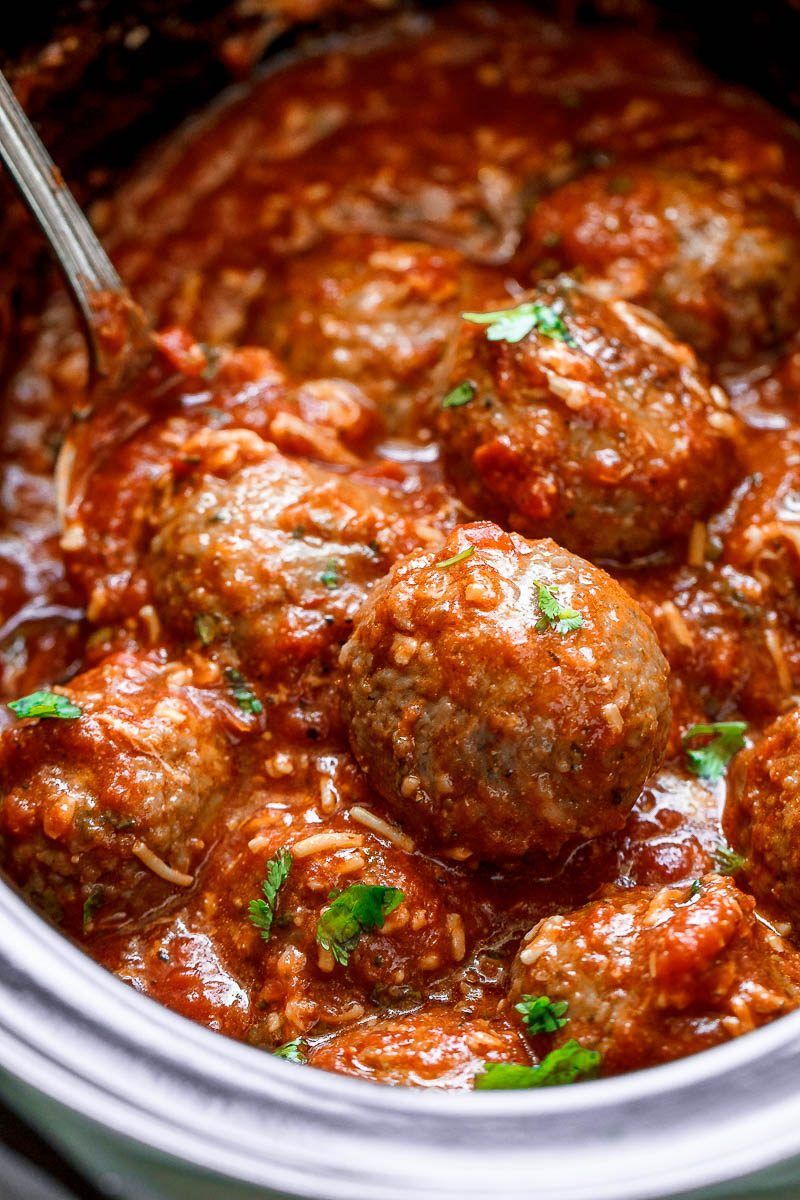 Slow Cooker Italian Sausage Meatballs in Tomato Parmesan Sauce