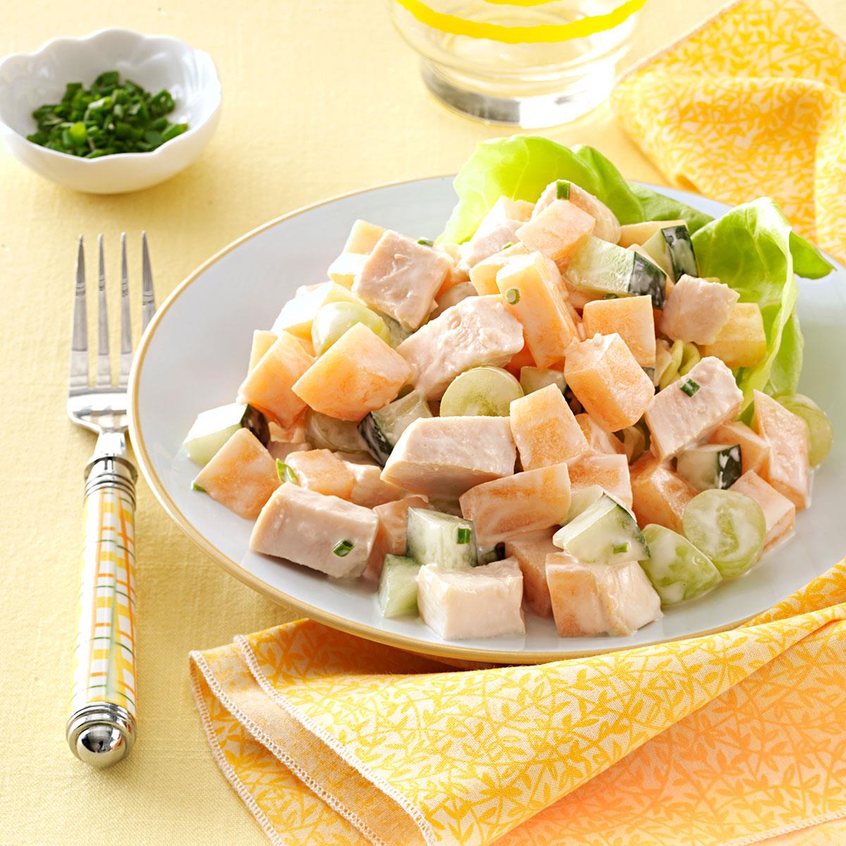 Cantaloupe Chicken Salad with Yogurt Chive Dressing