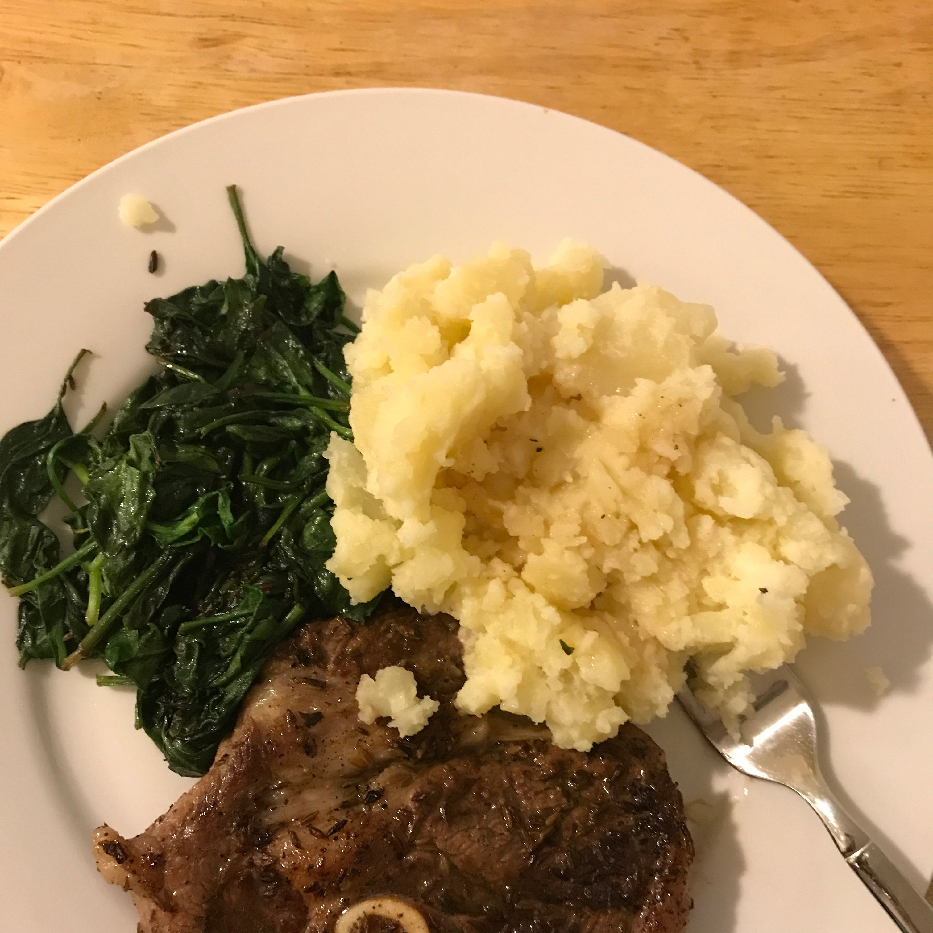 Cumin Lamb Steaks with Smashed Potatoes, Wilted Spinach and Red Wine