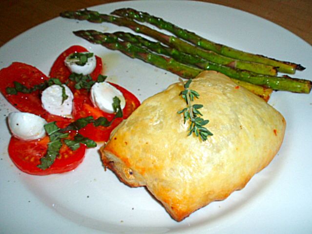 Puff Pastry stuffed with chicken, green chile, cremini mushrooms
