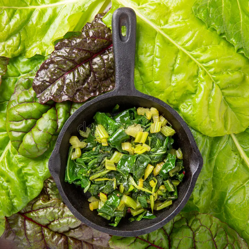 Pan Fried Swiss Chard Leaves. Vegetarian or Vegan Diet, Healthy Food