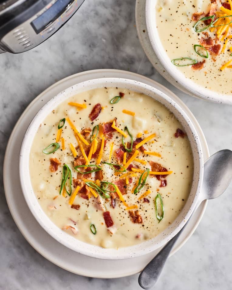 Easy Potato Soup with Cheddar, Bacon, and Scallions