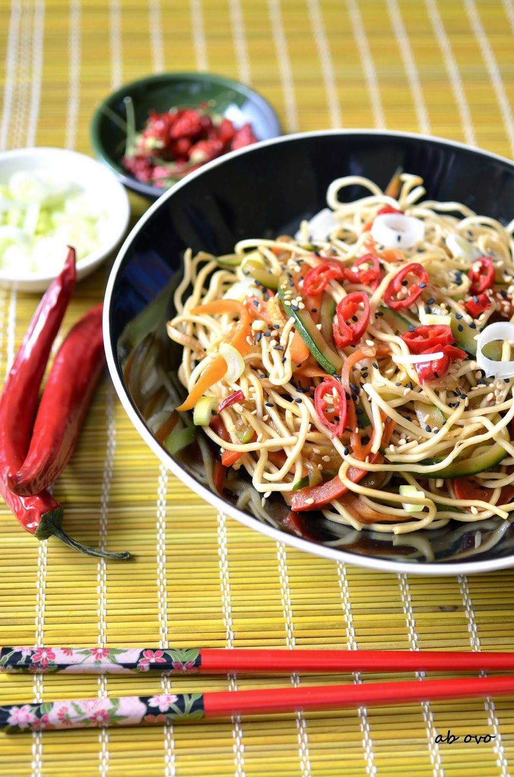 A colorful bowl of Noodles Primavera