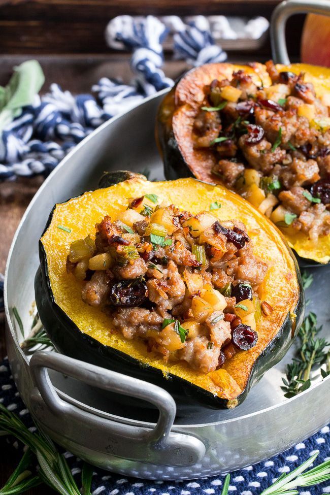 Roasted Stuffed Acorn Squash with Sausage, apples, cranberries, onions