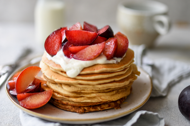 Ginger-Spiced Pancakes Recipe with Glazed Plums