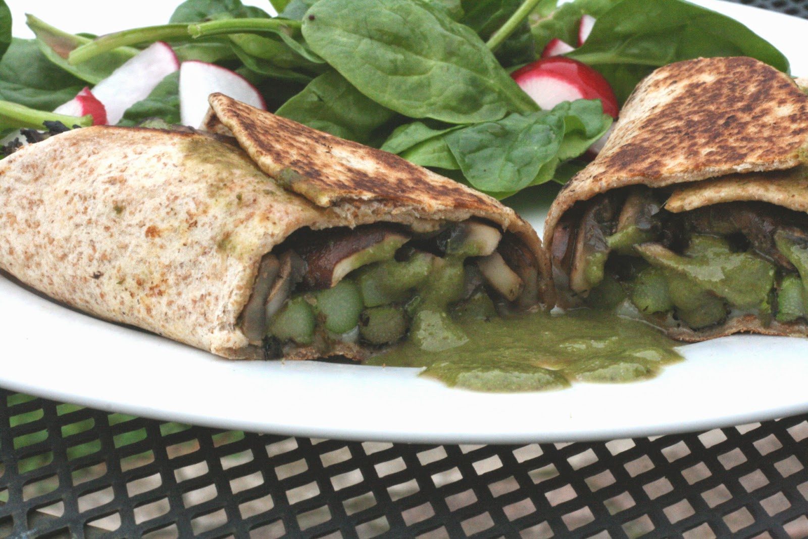 Asparagus, Mushroom, and Provolone Wraps with Swiss Chard Pesto