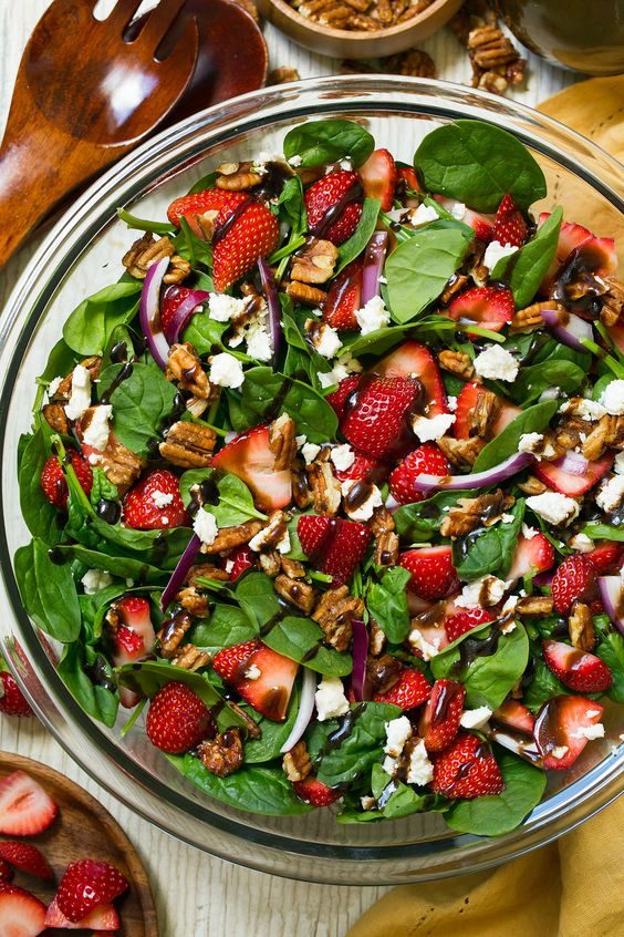Strawberry Spinach Salad with Candied Pecans, Feta and Balsamic
