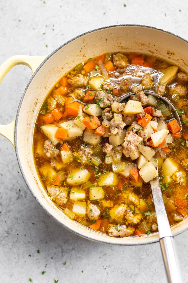Bratwurst soup with potatoes and veggies