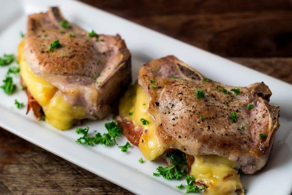 Stuffed pork chops with bacon and gouda cheese