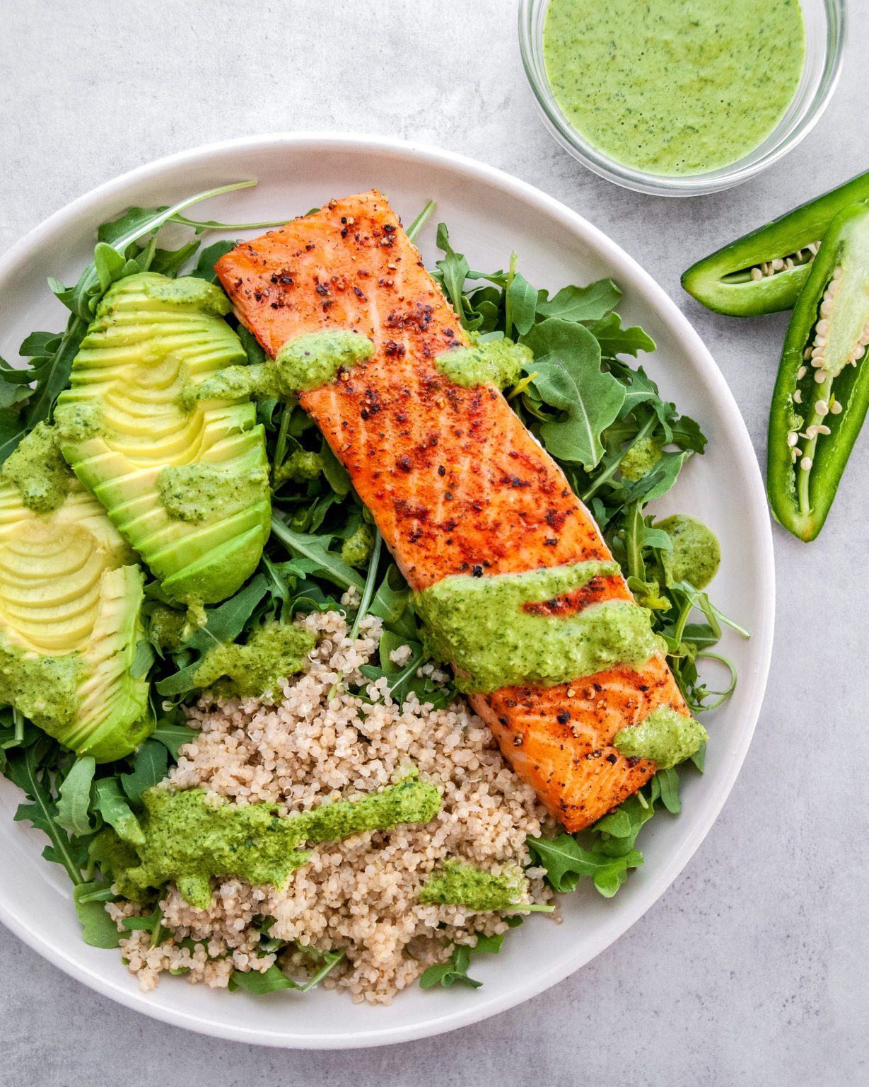 Salmon Arugula Quinoa Bowl with Cilantro Jalapeno Lime Dressing