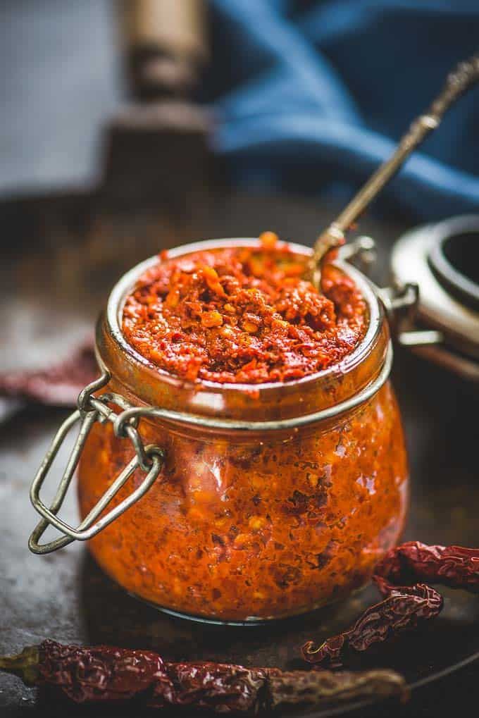 Red chili paste in a glass bottle