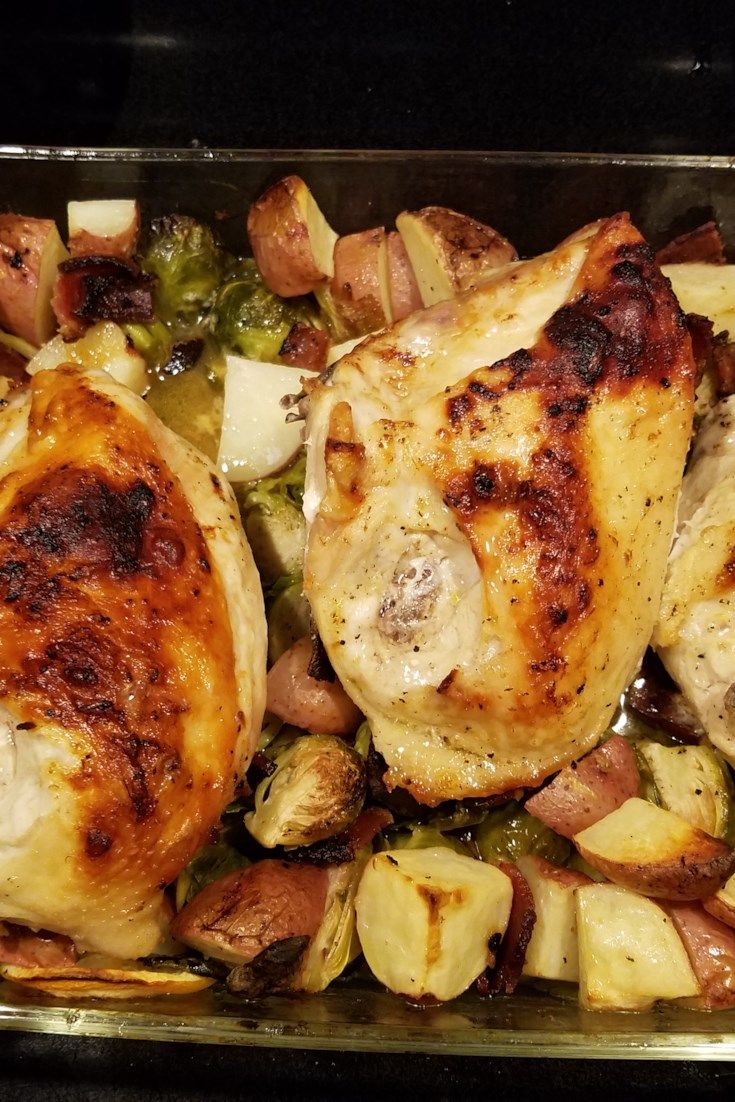 Pan-Roasted Chicken with Lemon-Garlic Brussels Sprouts and Potatoes