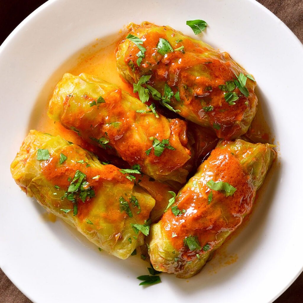 Gołąbki: Polish Stuffed Cabbage Rolls with Tomato Sauce