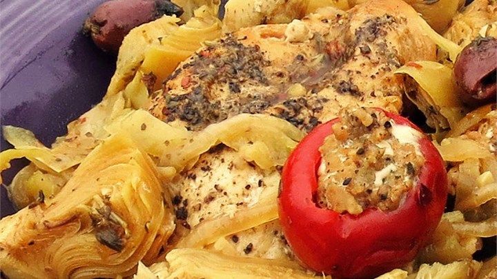 Spicy Mediterranean Chicken with Sausage-Stuffed Cherry Peppers
