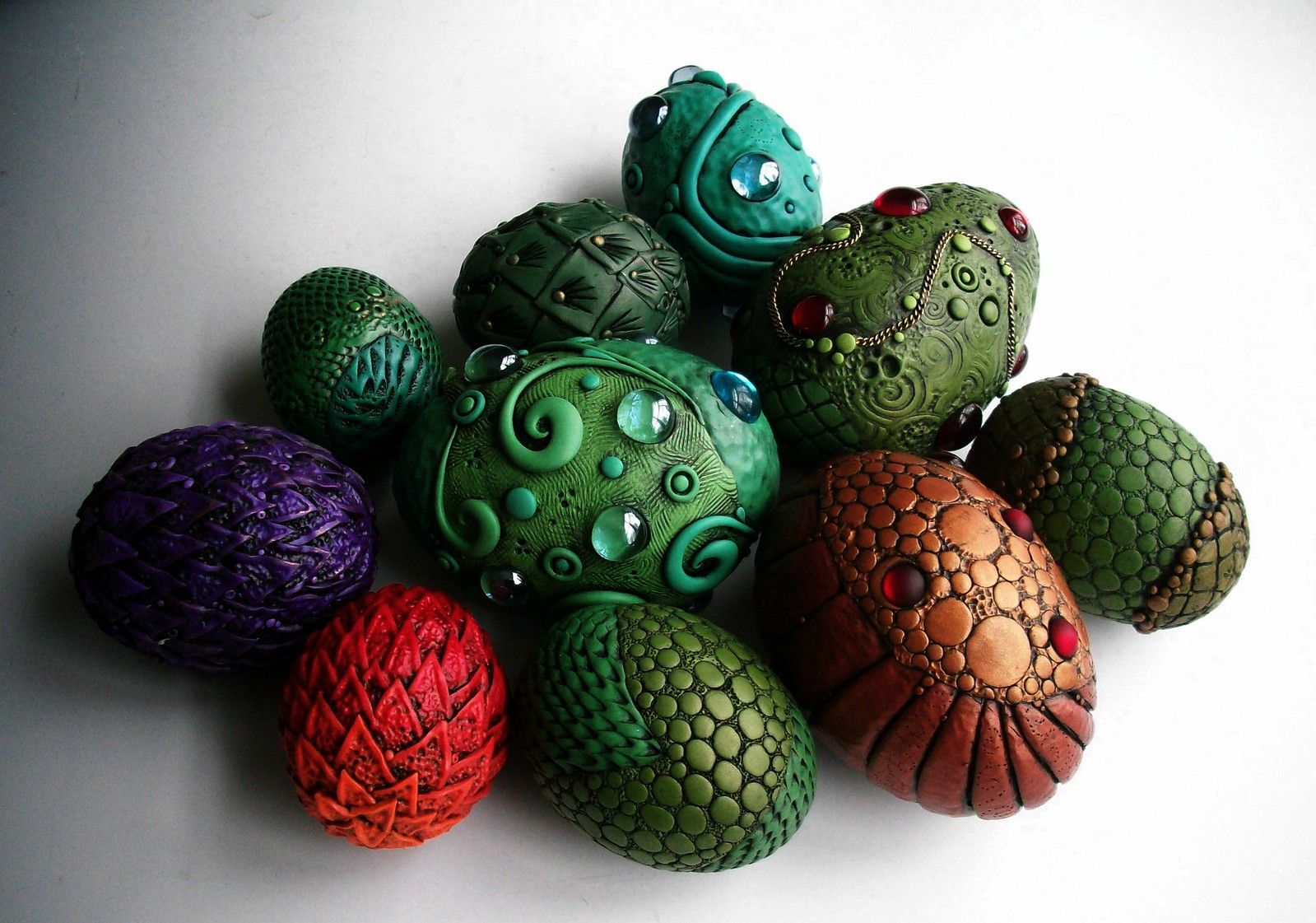 Colorful dragon eggs made from polymer clay