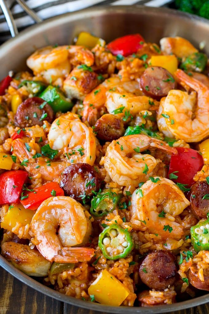 A delicious bowl of jambalaya with shrimp, sausage, and vegetables