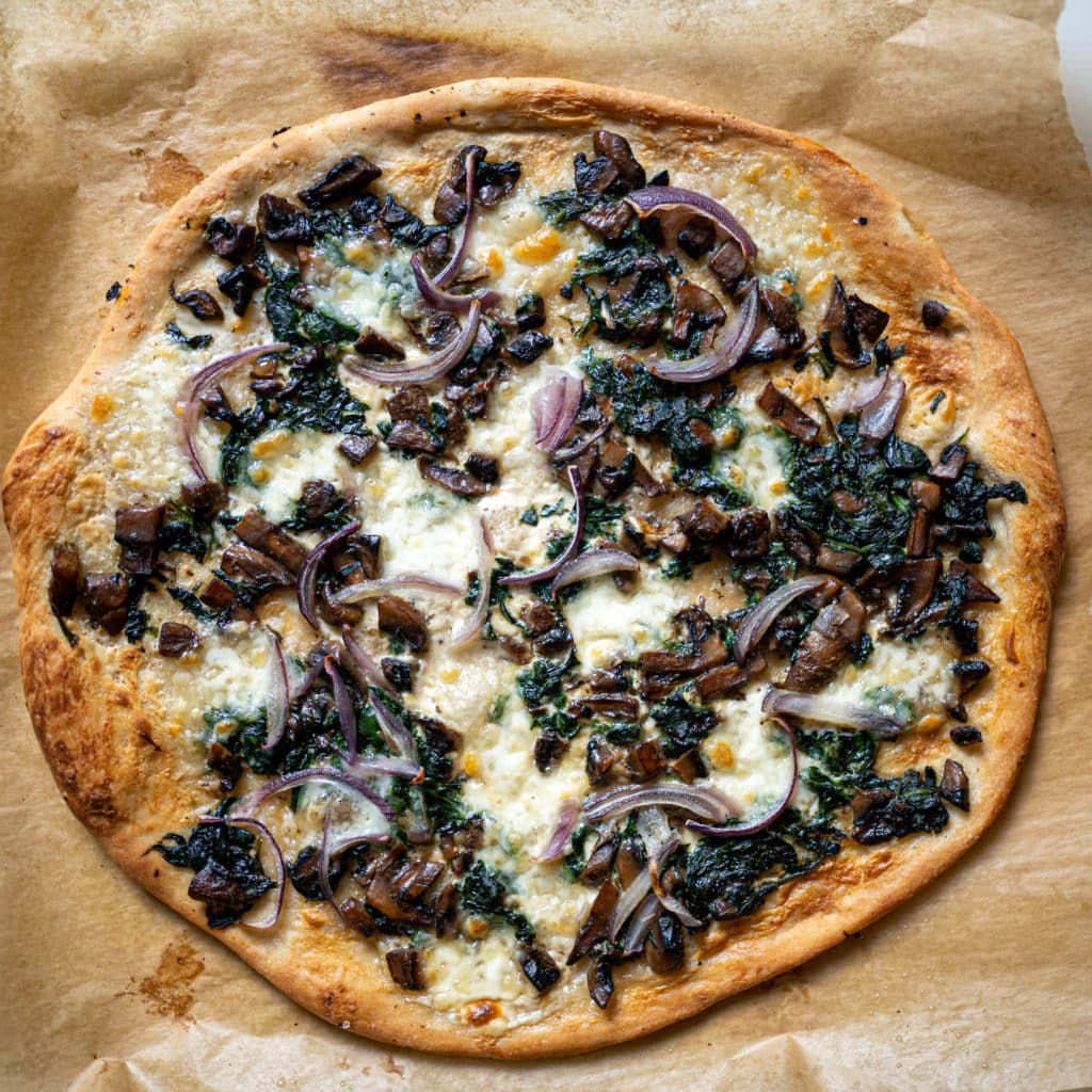 Spinach and Mushroom Pizza with Mascarpone Cheese