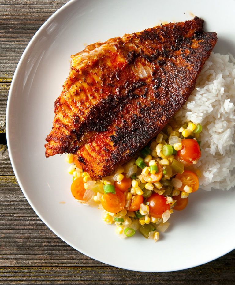 Louisiana blackened catfish with Cajun succotash