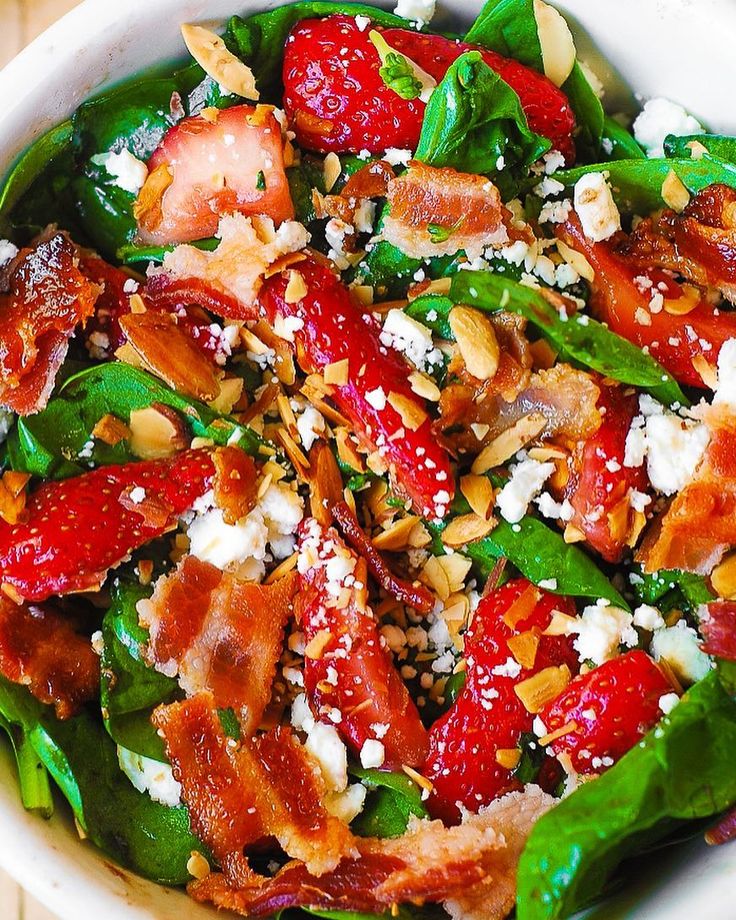 Strawberry Spinach Salad with Bacon, Feta Cheese, and Toasted Almonds