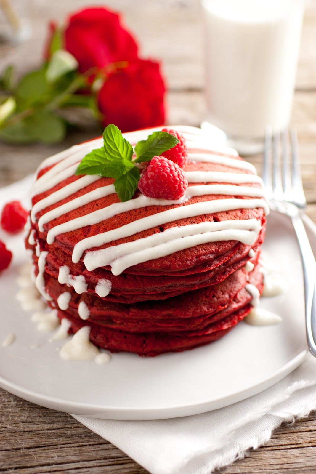 Red Velvet Pancakes with Cream Cheese Glaze