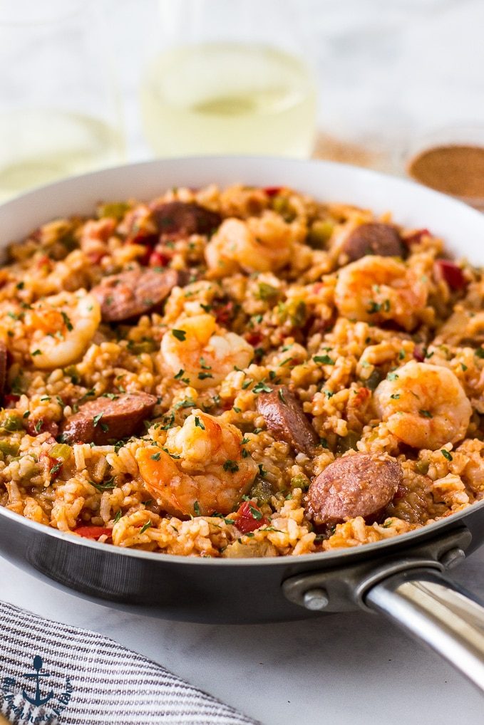 A vibrant bowl of Jambalaya with shrimp, sausage, and vegetables