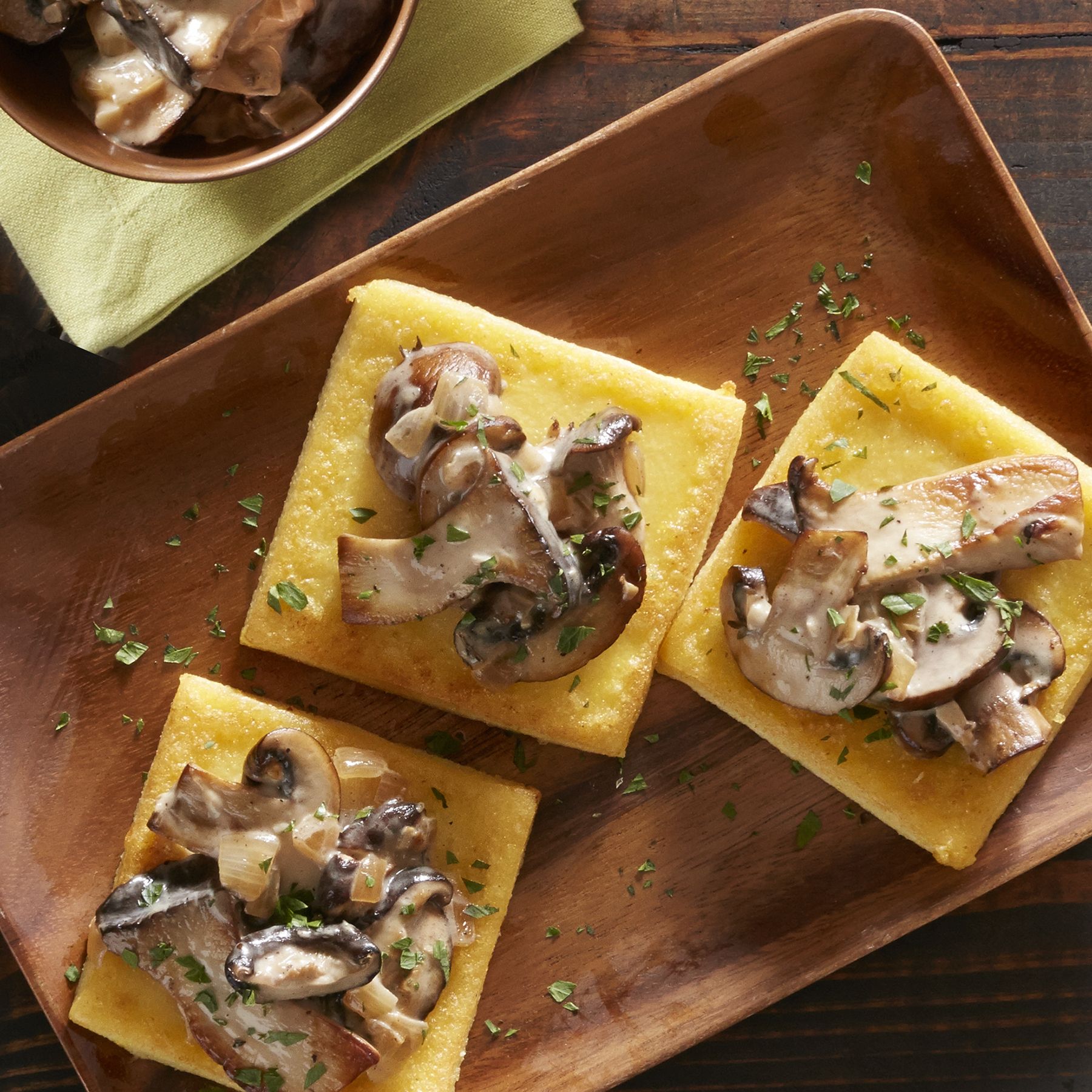 Fried Polenta Squares with Creamy Mushroom Ragu