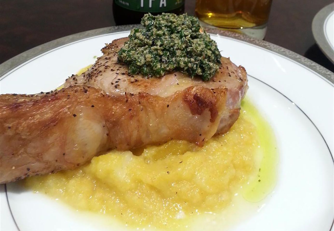 Pan-Seared Veal Chop with Roasted Kale Pesto and Butternut Squash