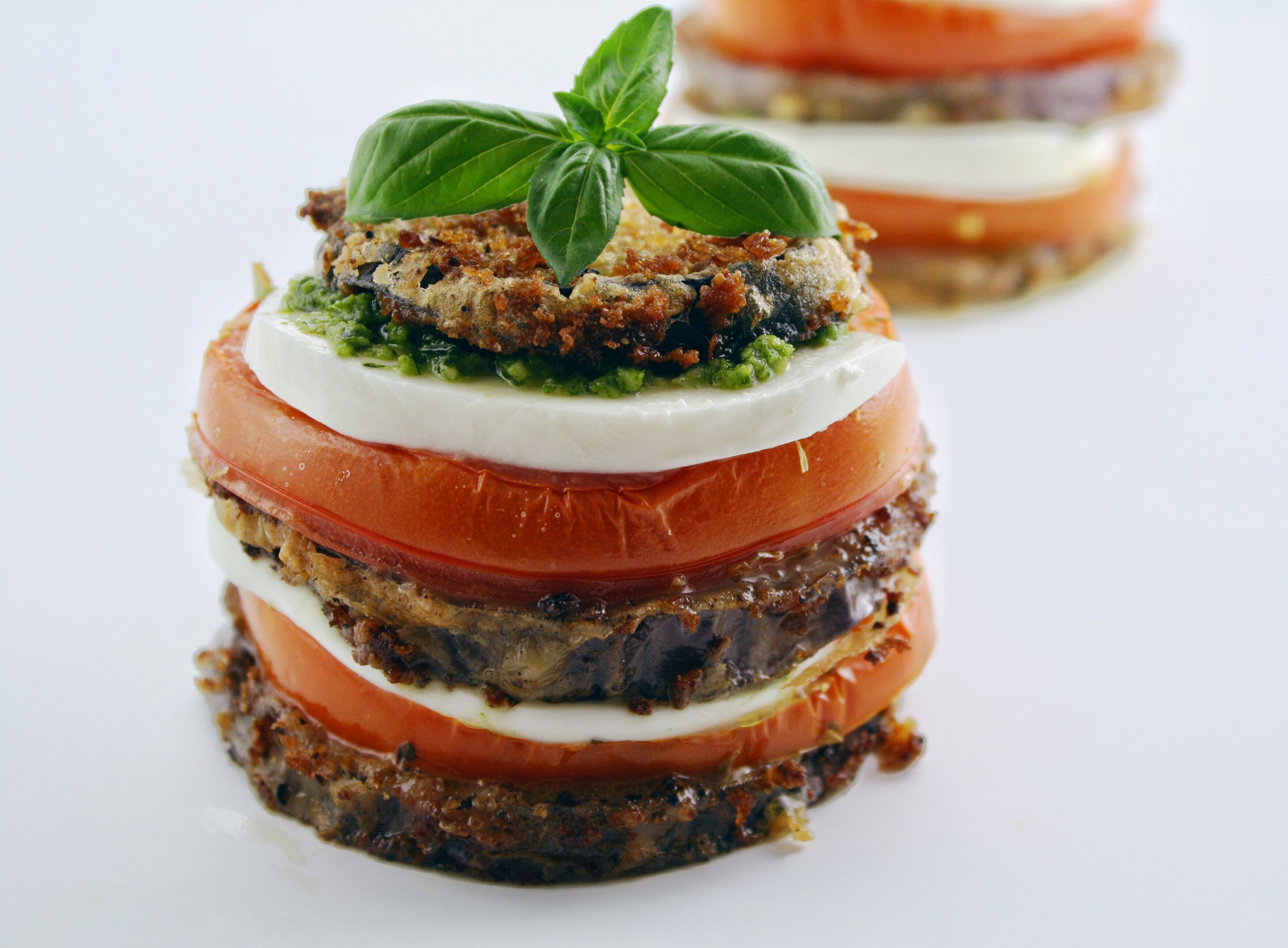 Crispy Eggplant Napoleon with Pesto and Garlic