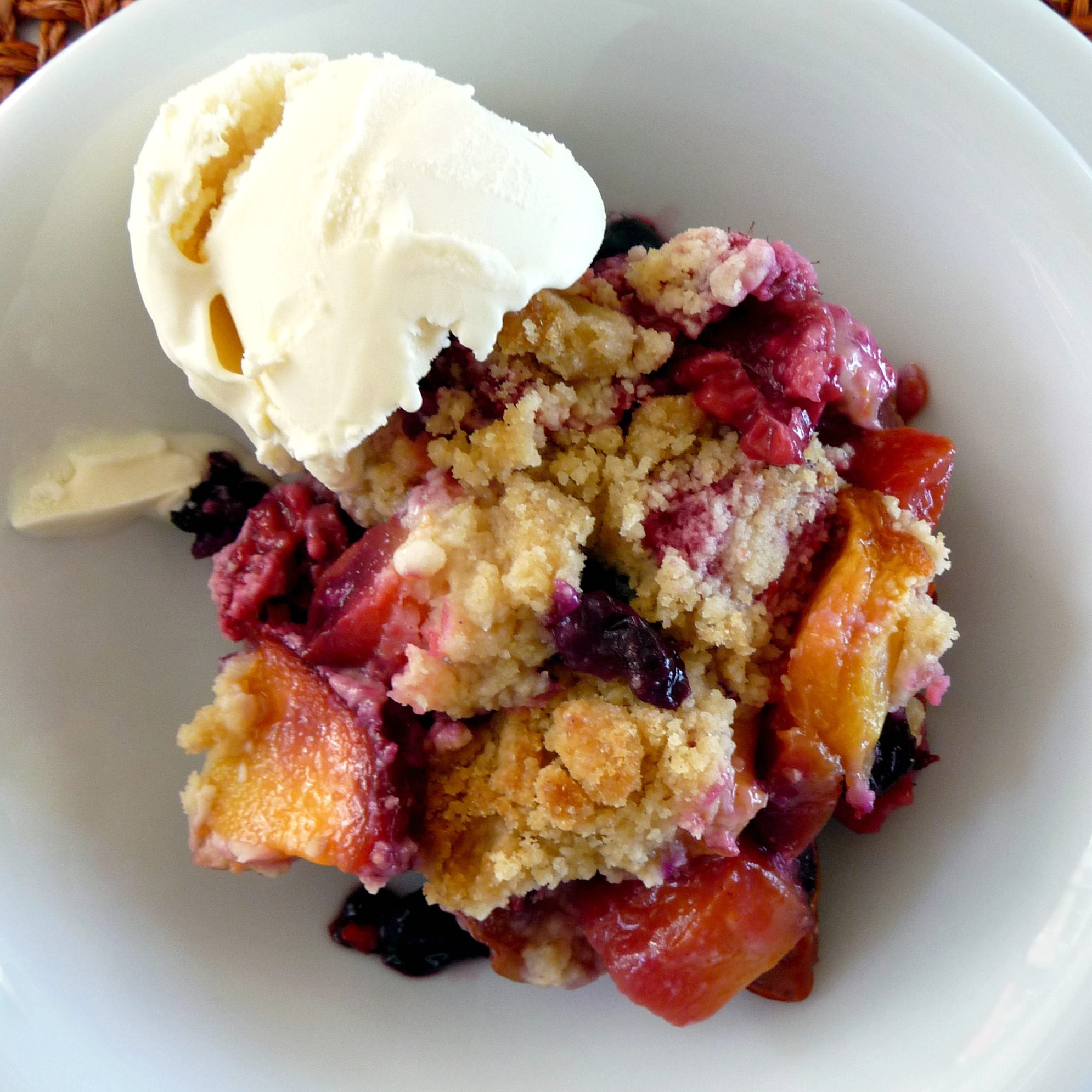 Nectarine, Raspberry, Blueberry Crumble