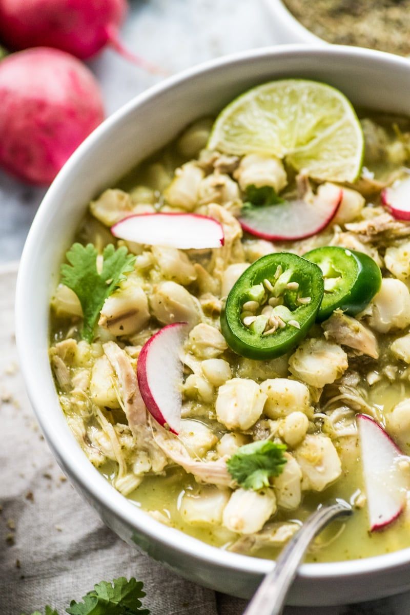 Delicious Chicken Pozole Verde served in a bowl