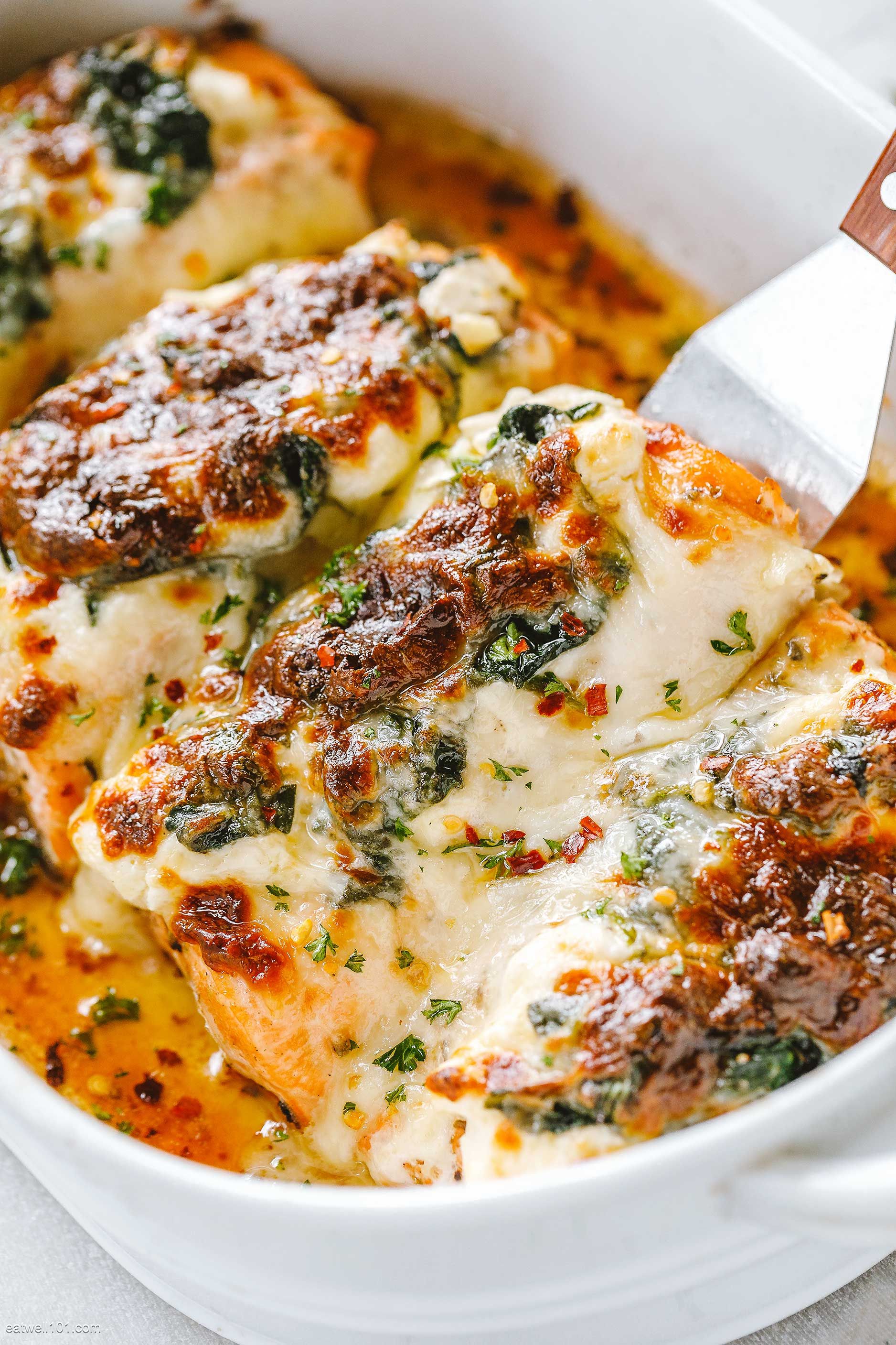 Spinach Salmon Casserole with Cream Cheese and Mozzarella