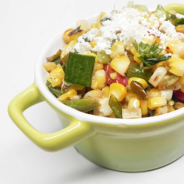 Corn with Roasted Chiles, Crème Fraiche, Cotija Cheese