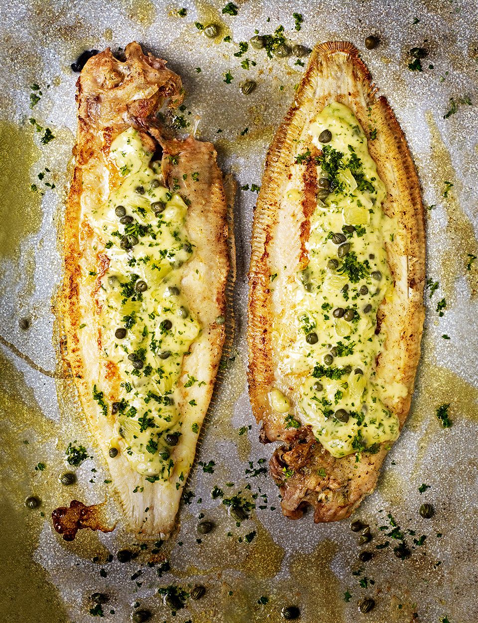 Pan-fried dover sole with caper, lemon, and parsley butter sauce
