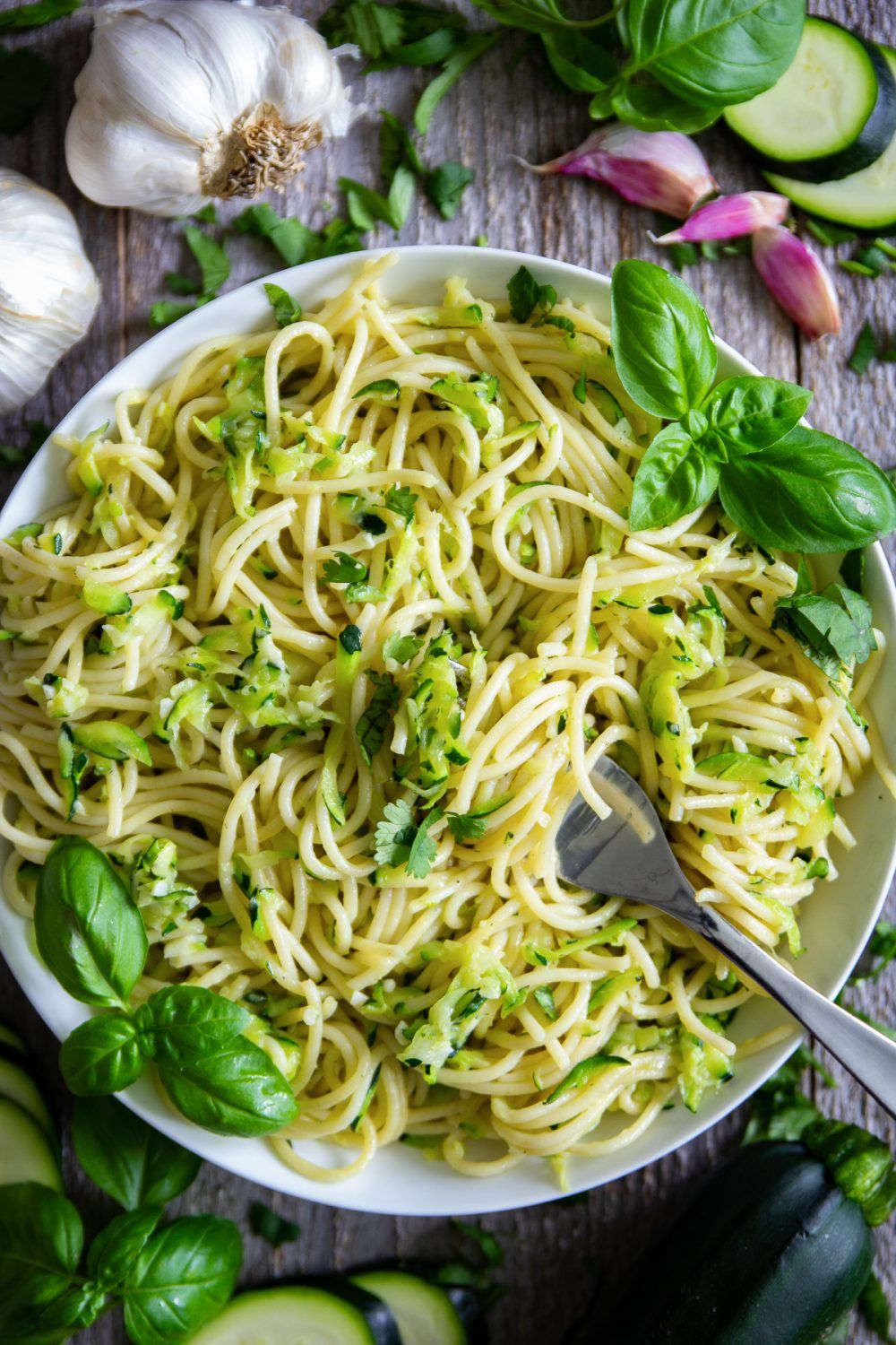 Garlicky pasta tossed with sautéed zucchini