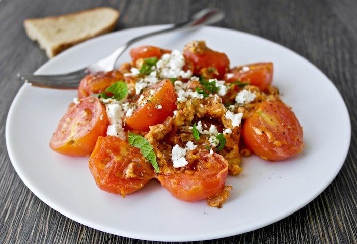 Greek Style Scrambled Eggs with Cherry Tomatoes and Feta
