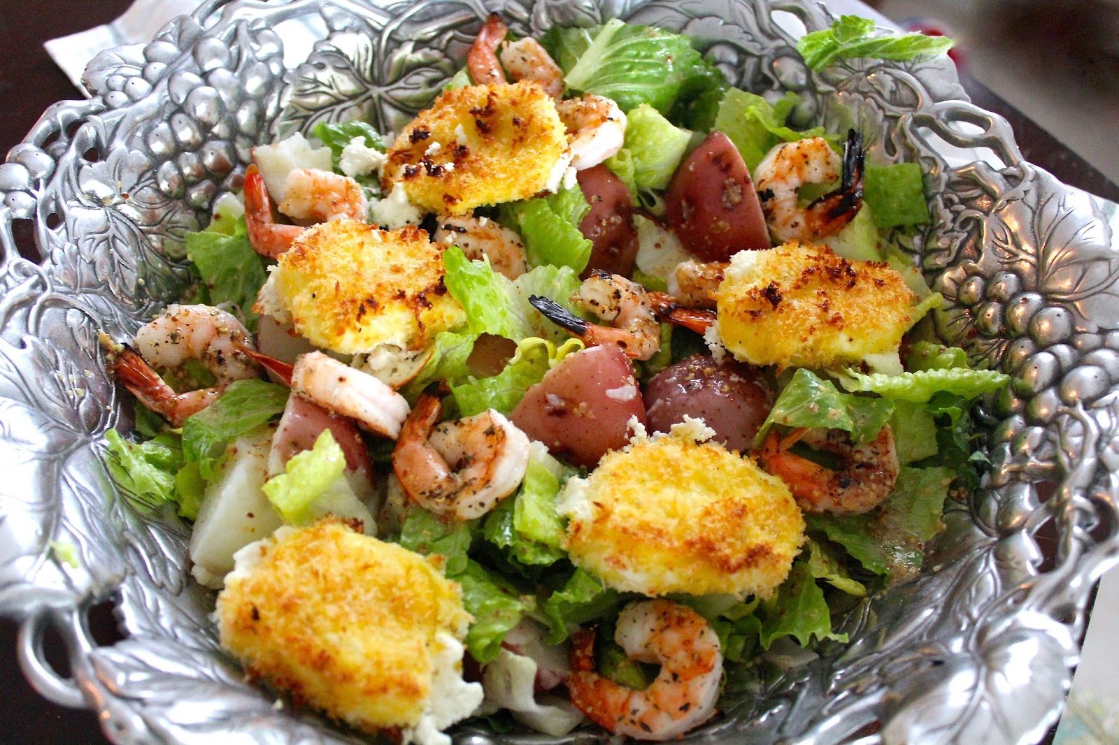 Crispy Goat Cheese Salad with Shrimp and Mustard Red Potatoes