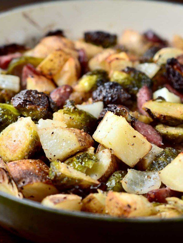Roasted Brussels Sprouts, Potatoes, and Kielbasa