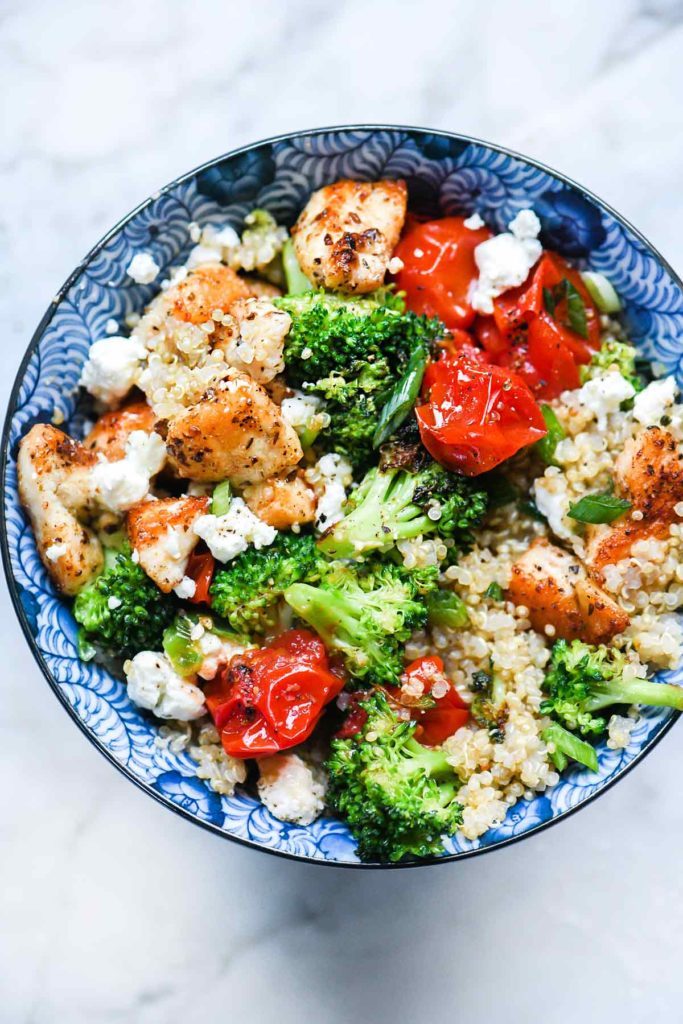 Mediterranean Chicken Quinoa Bowl with Broccoli and Tomato