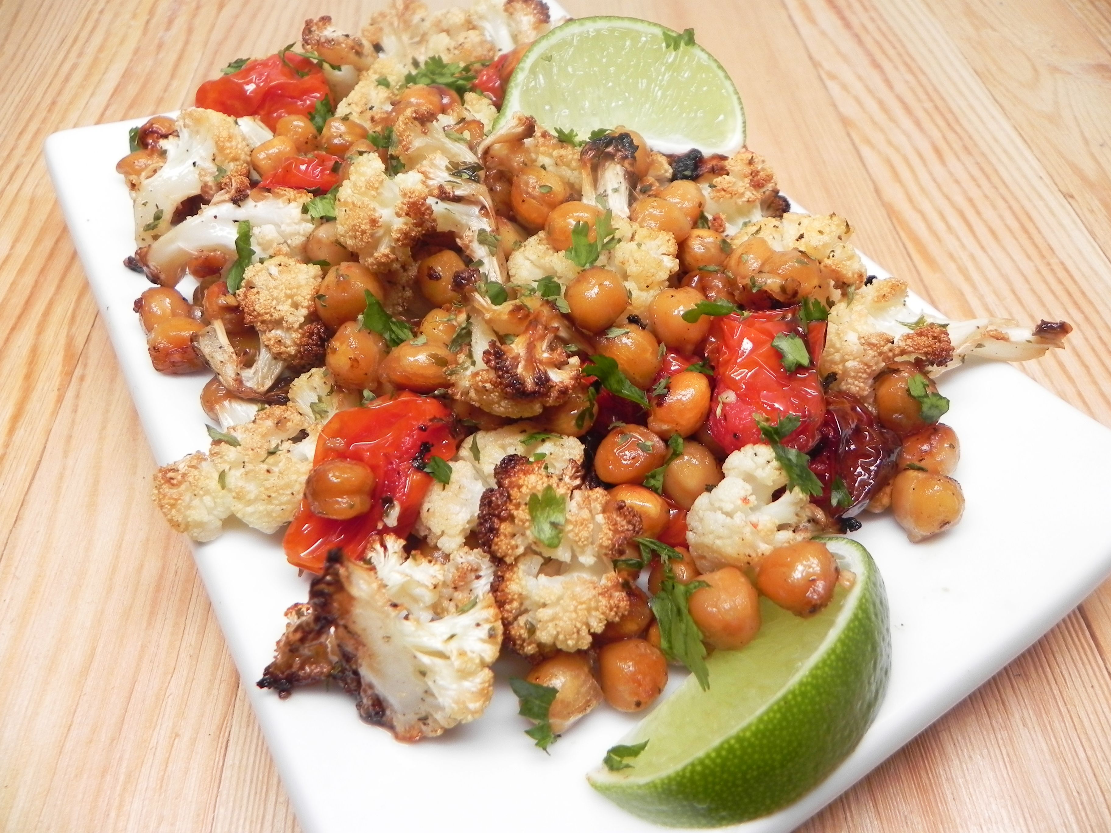 Sheet Pan Roasted Cauliflower, Tomatoes, and Garbanzo Beans