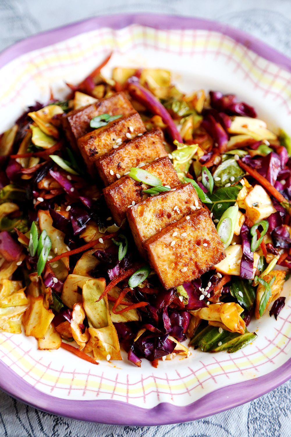 Spicy Baked Marinated Tofu with Vibrant Cabbage Stir Fry