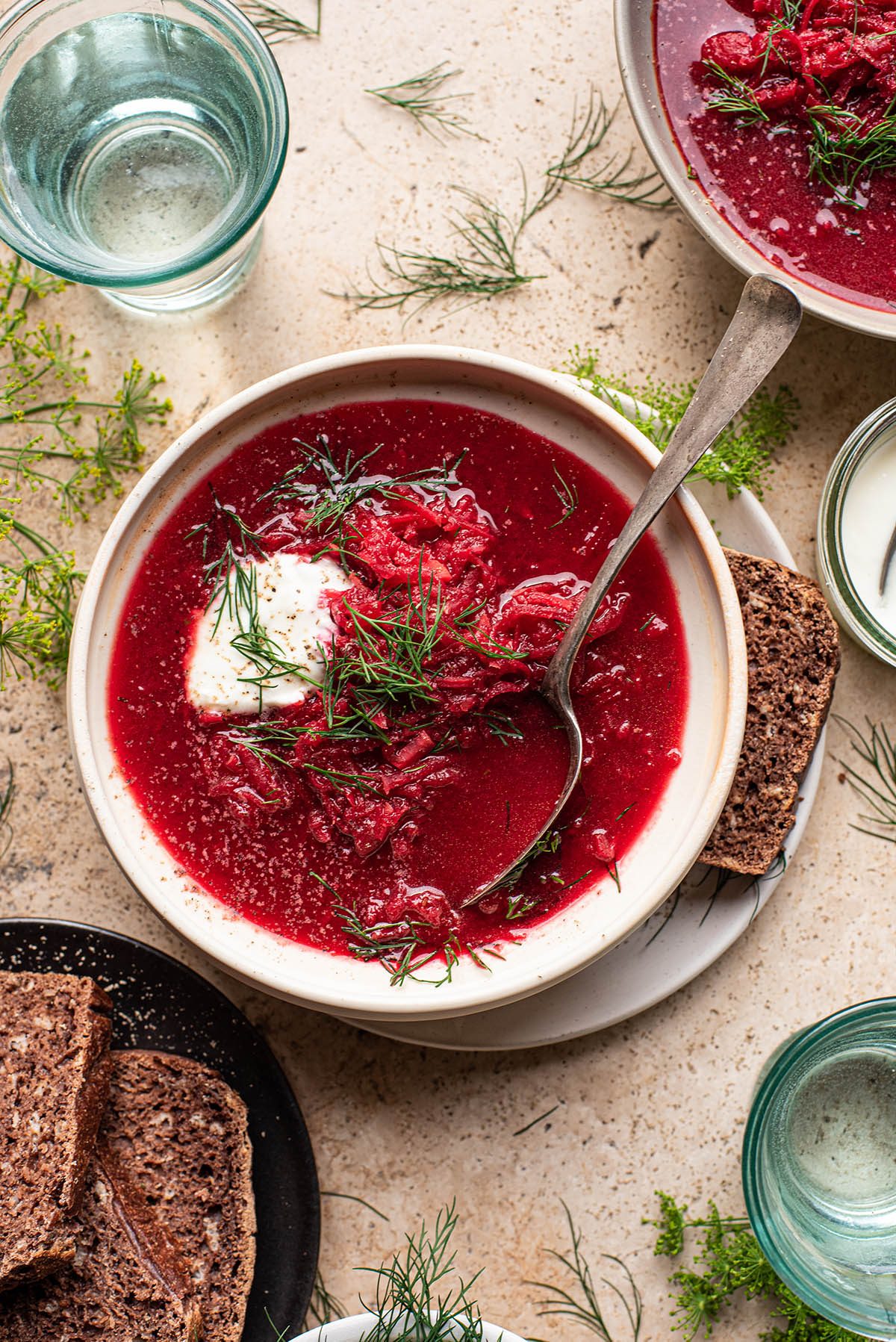 A bowl of vibrant vegetarian borscht, garnished with sour cream and herbs.