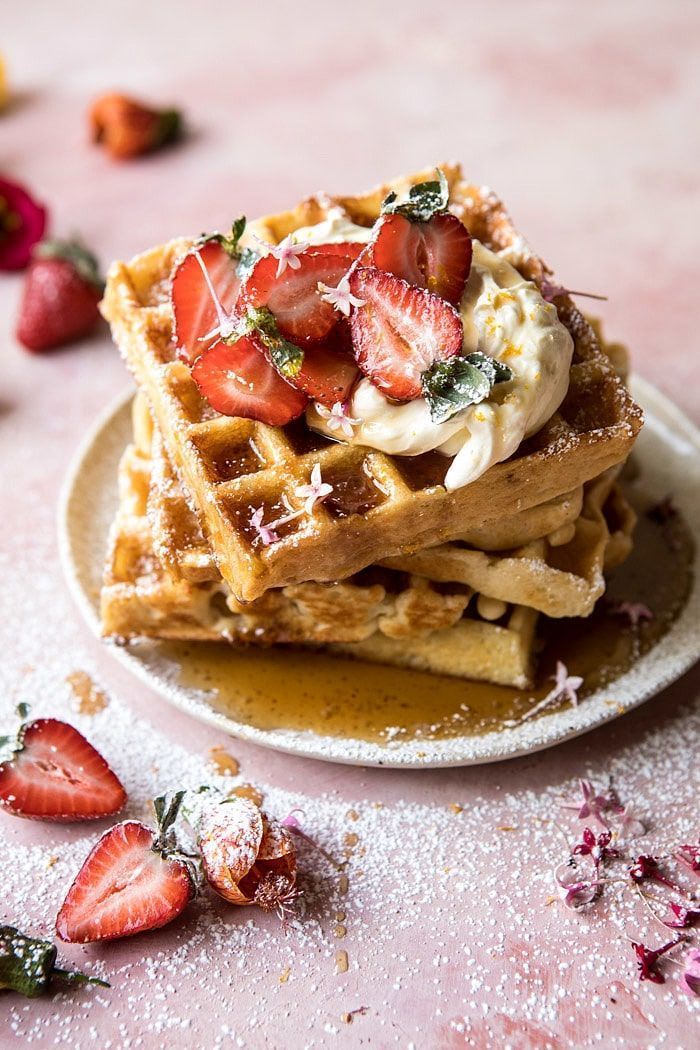 Overnight Waffles with Whipped Meyer Lemon Cream and Strawberries