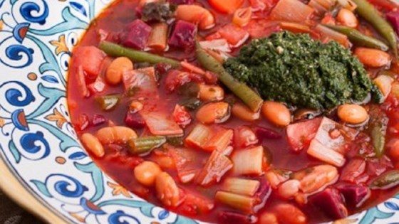 Red Winter Minestrone with Winter Greens Pesto