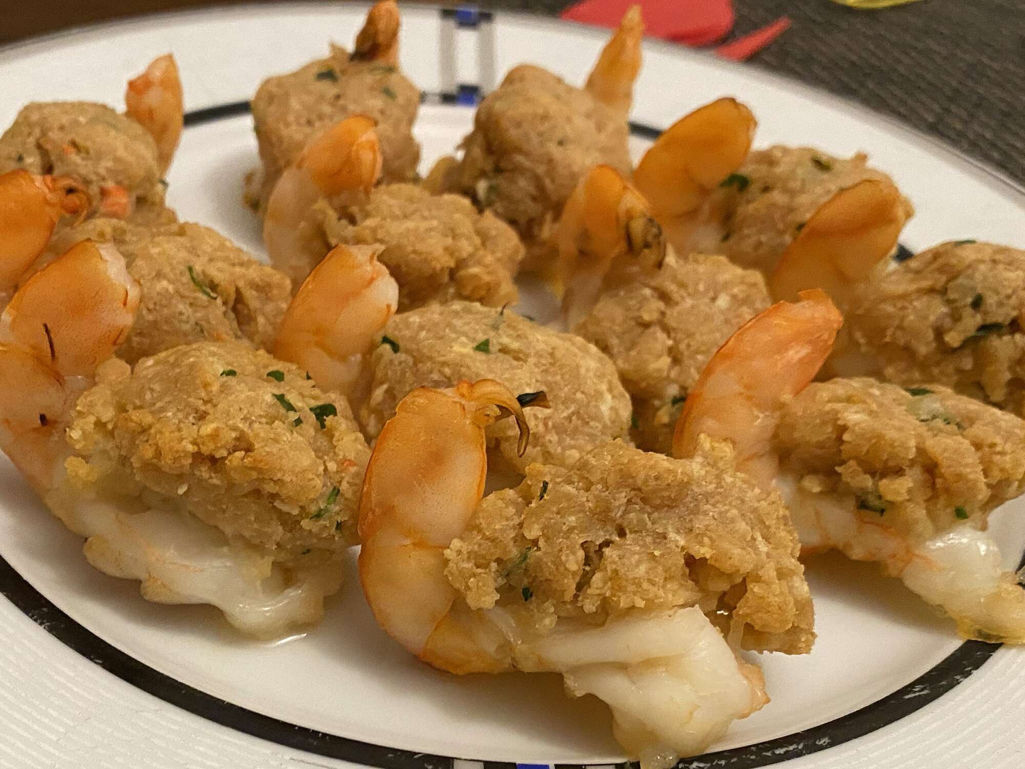 Plate of Baked Stuffed Shrimp with Ritz Crackers