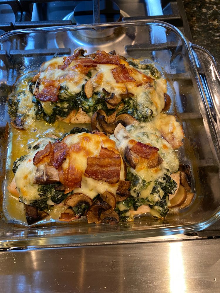 Smothered Chicken with Creamed Spinach, Bacon, and Mushrooms