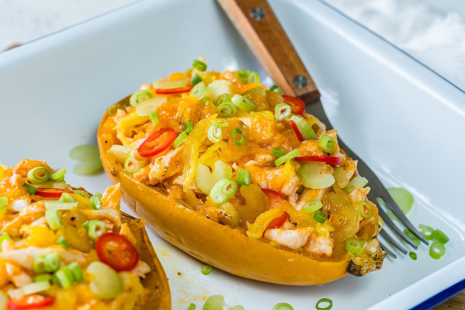 Buffalo Chicken Stuffed Spaghetti Squash
