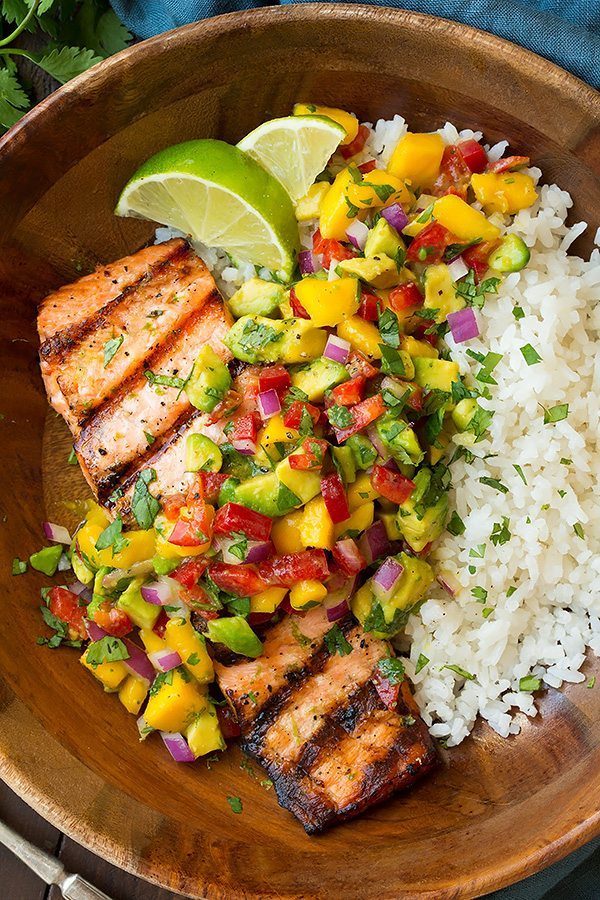 Grilled Lime Salmon with Avocado-Mango Salsa and Coconut Rice