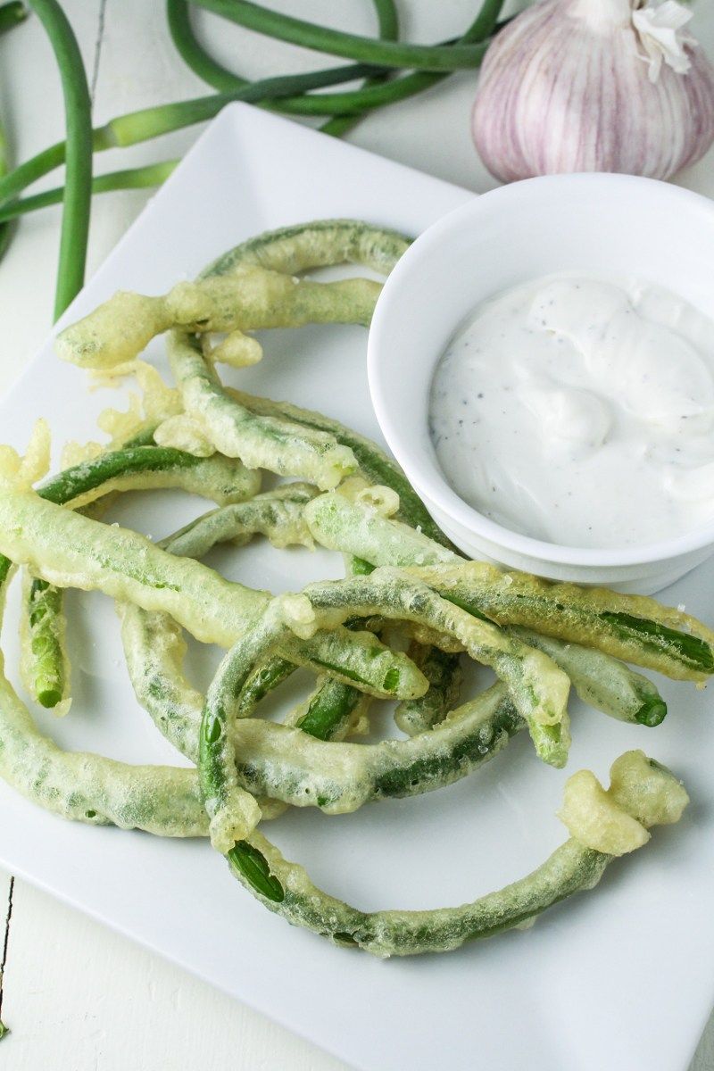 Garlic Scape Tempura with Goat Cheese Dip